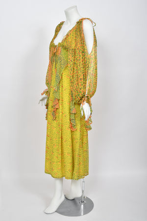 1971 Ossie Clark for Quorum Celia Birtwell Yellow Print Sheer Silk Chiffon Cut-Out Dress