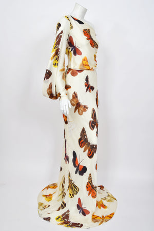2007 Alexander McQueen Butterfly Motif Silk Asymmetric Billow Sleeve Bias-Cut Gown