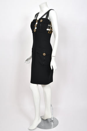 1992 Gianni Versace 'Miss S&M' Runway Collection Black Leather Bondage Wool Dress