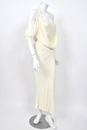 2005 John Galliano Ivory Sheer Silk Chiffon & Chantilly Lace Draped Halter Bias-Cut Gown