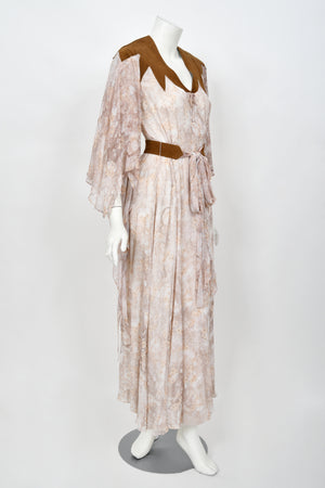 1971 Giorgio Sant' Angelo Watercolor Chiffon & Suede Angel-Sleeve Wrap Dress