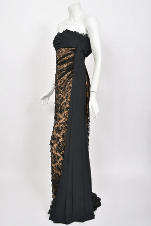 2009 Valentino Black Silk & Beaded Sheer Illusion Lace Strapless Bustier Gown