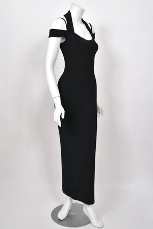 1992 Azzedine Alaia Black Stretch Knit Cold-Shoulder Halter Bodycon Maxi Dress