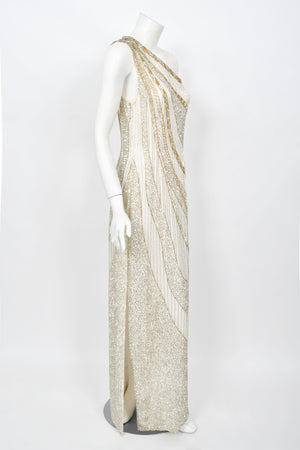 1984 Bob Mackie Couture Ivory Beaded Silk One-Shoulder Goddess Gown
