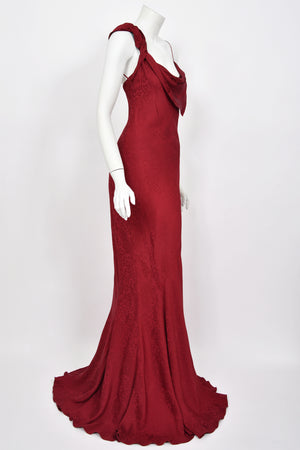 1999 John Galliano Maori Collection Merlot Red Silk Bias-Cut Gown w/ Fringed Shawl