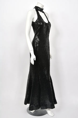 1973 Loris Azzaro Couture Black Fully Sequin Cut-Out Hourglass Mermaid Gown