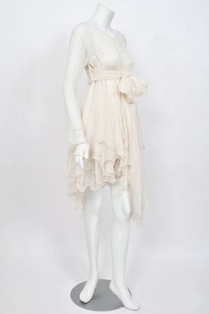 1991 Dolce & Gabbana Runway Ivory Silk Belted Sash Tiered Babydoll Mini Dress