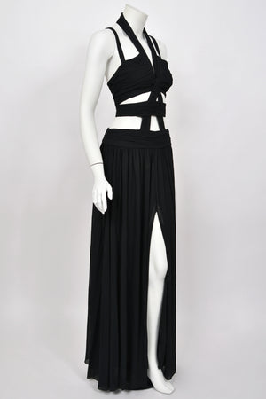1995 Chanel by Karl Lagerfeld Iconic Runway Campaign Black Cut-Out High Slit Maxi Dress
