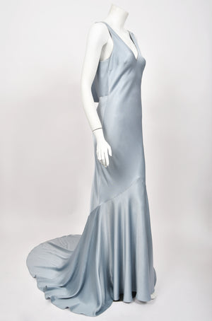1997 John Galliano Documented Ice Blue Satin Backless Bias-Cut Trained Gown