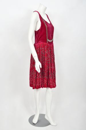 1920's Magenta Pink Beaded & Rhinestone Velvet Back Cut-Out Flapper Dress