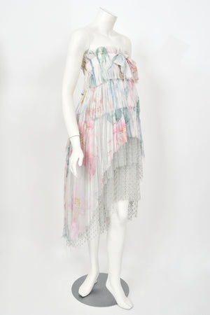 2013 Chanel by Karl Lagerfeld Pastel Floral Silk & Sheer Tulle Strapless Dress