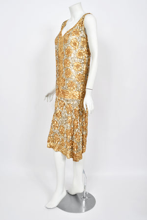 1920's French Couture Metallic Gold Beaded Sequin Cotton-Net Flapper Dress
