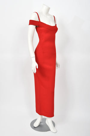 1992 Azzedine Alaia Documented Red Stretch Knit Cold-Shoulder Bodycon Maxi Dress