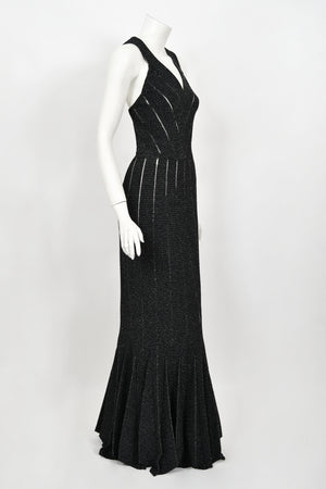 2012 Azzedine Alaia Black Metallic Knit Bodycon Sheer Cutwork Fishtail Gown