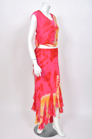 2003 Christian Dior by John Galliano Tie-Dye Pink Yellow Print Silk Cropped Blouse & Bias-Cut Skirt
