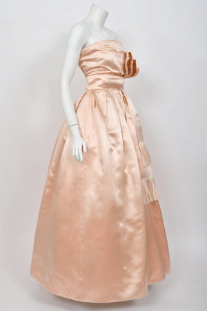 1958 Christian Dior by Yves Saint Laurent Documented Blush-Pink Silk Strapless Corset Gown