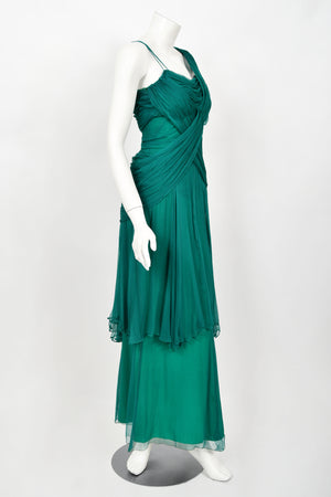 1958 Irene Lentz Couture Teal Green Draped Silk Grecian Goddess Gown