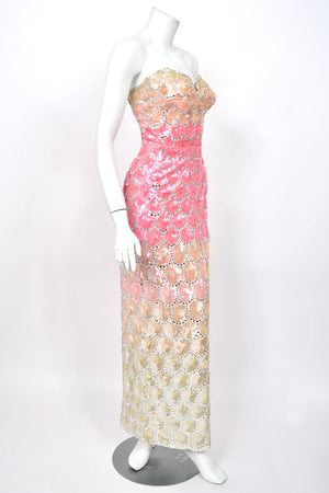 1950's Custom Couture Fully Sequin Pink Ombré Rhinestone Hourglass Gown w/ Gloves