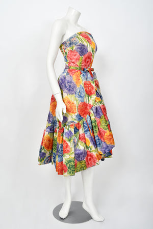 1958 Arnold Scaasi Couture Colorful Floral Silk Strapless Dress & Swing Jacket