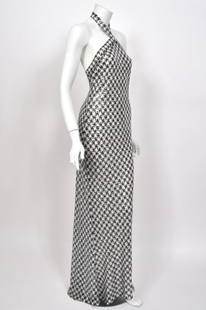 1984 Chanel by Karl Lagerfeld Black & White Sequin Houndstooth Silk Bias-Cut Halter Gown