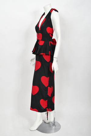 1994 Moschino Couture Documented 'Heartbreaker' Novelty Print Silk Convertible Dress