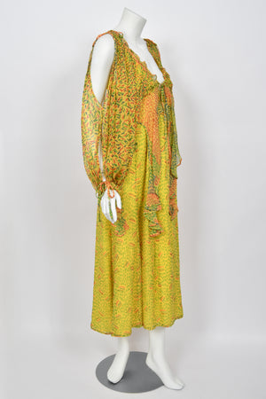 1971 Ossie Clark for Quorum Celia Birtwell Yellow Print Sheer Silk Chiffon Cut-Out Dress