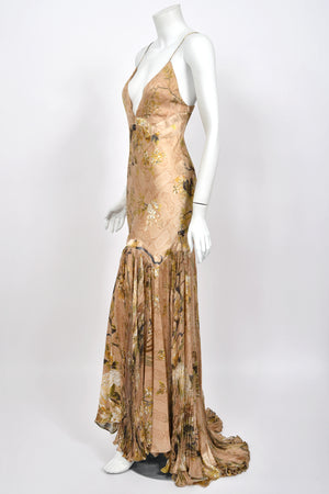2006 Roberto Cavalli Champagne Floral & Bird Motif Silk Pleated High Low Bias-Cut Gown