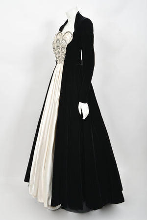 1952 Nina Ricci Haute Couture Documented Ivory Beaded Satin & Black Velvet Gown