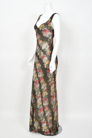 1930's Colorful Metallic Floral Motif Lamé Cut Out Back Hourglass Bias-Cut Gown