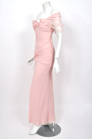 2004 Christian Dior by John Galliano Light Pink Silk Draped Shawl High Slit Bias-Cut Gown