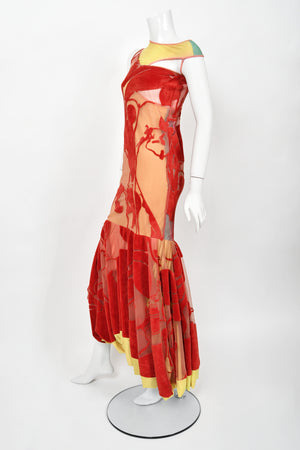 1991 John Galliano Documented Runway Red Flocked Velvet Asymmetric Bias-Cut Gown