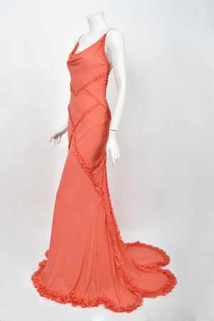 2008 John Galliano Coral Pink Silk Bias-Cut Scalloped Train Backless Gown