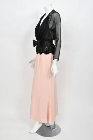 1986 Oscar de la Renta Documented Runway Black Sheer Chiffon & Pink Silk Gown