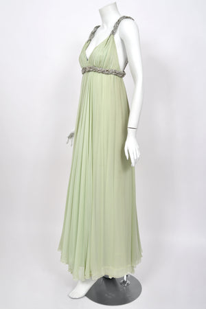 1965 Sarmi Couture Seafoam Green Jeweled Silk Chiffon Empire Plunge Grecian Gown