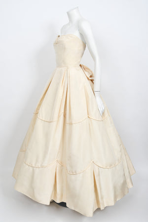 1950's Rosalie Macrini Couture Cream Silk Strapless Bridal Wedding Gown