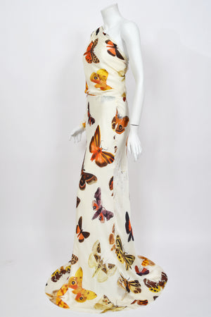 2007 Alexander McQueen Butterfly Motif Silk Asymmetric Billow Sleeve Bias-Cut Gown
