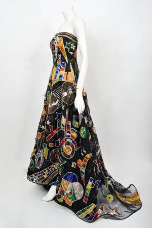 1989 Gianni Versace Haute Couture Runway Beaded Circus Art Bustier Strapless Gown and Shawl