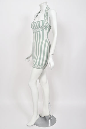 1992 Azzedine Alaia Runway Mint & Ivory Striped Stretch Knit Halter Bodycon Mini Dress