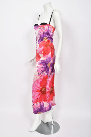 2001 Dolce & Gabbana Floral Stretch Silk Built-In Bra Hourglass Slip Dress