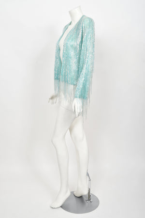 1970's Halston Couture Ice Blue Beaded Silk Fringe Disco Cardigan Jacket