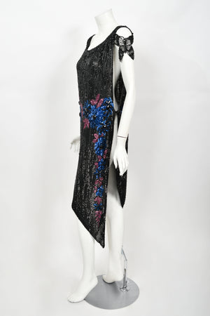 1920's Beaded Sequin Sheer-Net Butterfly Motif Asymmetric Flapper Dress