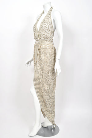 1982 Halston Runway Beaded Sheer Illusion Champagne Lace Backless Halter Wrap Gown