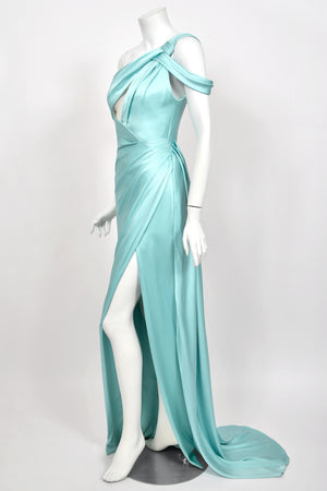 2017 Ralph & Russo Haute Couture Runway Aqua Blue Satin Cut-Out Draped High Slit Gown