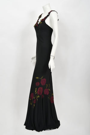 2001 John Galliano Red Chrysanthemum Floral Appliqué Black Silk Chiffon Bias-Cut Gown