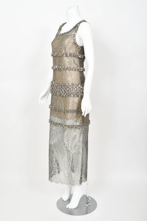 2012 Chanel by Karl Lagerfeld Runway Crystal Beaded Sheer Silver & Gold Lace Dress