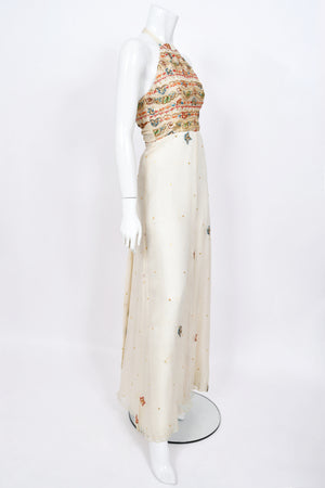 1979 Thea Porter Couture Metallic Gold Embroidered Ivory Silk-Chiffon Halter Gown