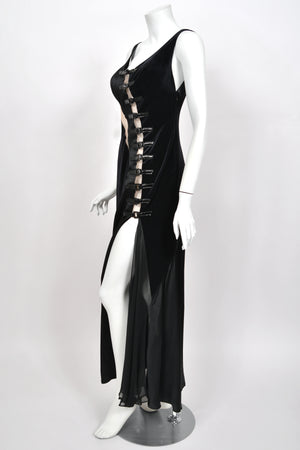 2004 Versace Runway Black Silk & Velvet Sheer-Illusion Buckle Trimmed High Slit Gown