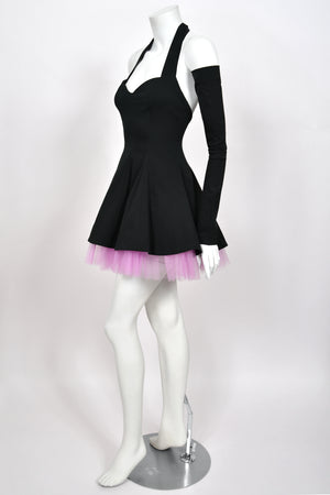 1992 Dolce & Gabbana Runway Black Stretch Cotton & Lilac Tulle Halter Mini Dress w/ Gloves