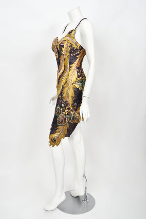 1970's Embroidered Peacock Motif Beaded Silk Couture Dance Dress