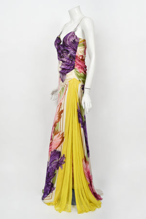 2005 Roberto Cavalli Large-Scale Floral Silk Bustier High-Slit Gown & Shawl